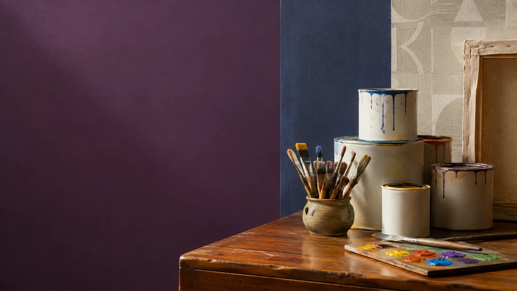 Pinturas, pinceles y lienzos en un espacio de trabajo dedicado al color