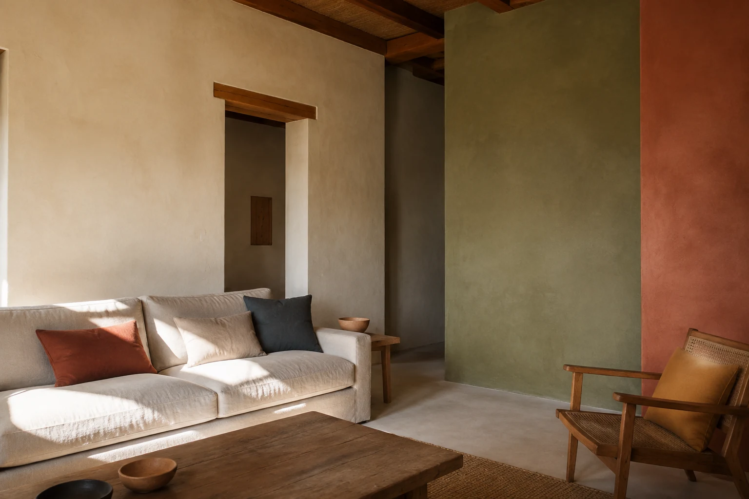 Interior contemporáneo con paredes en tonos piedra, oliva y arcilla